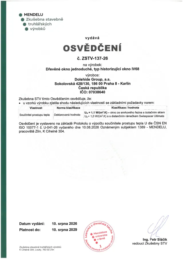 Osvědčení na historizující okno IV68