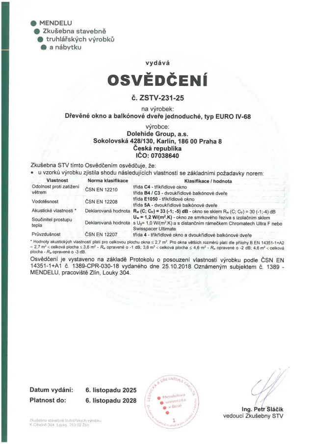 Osvědčení na okno EURO IV-68