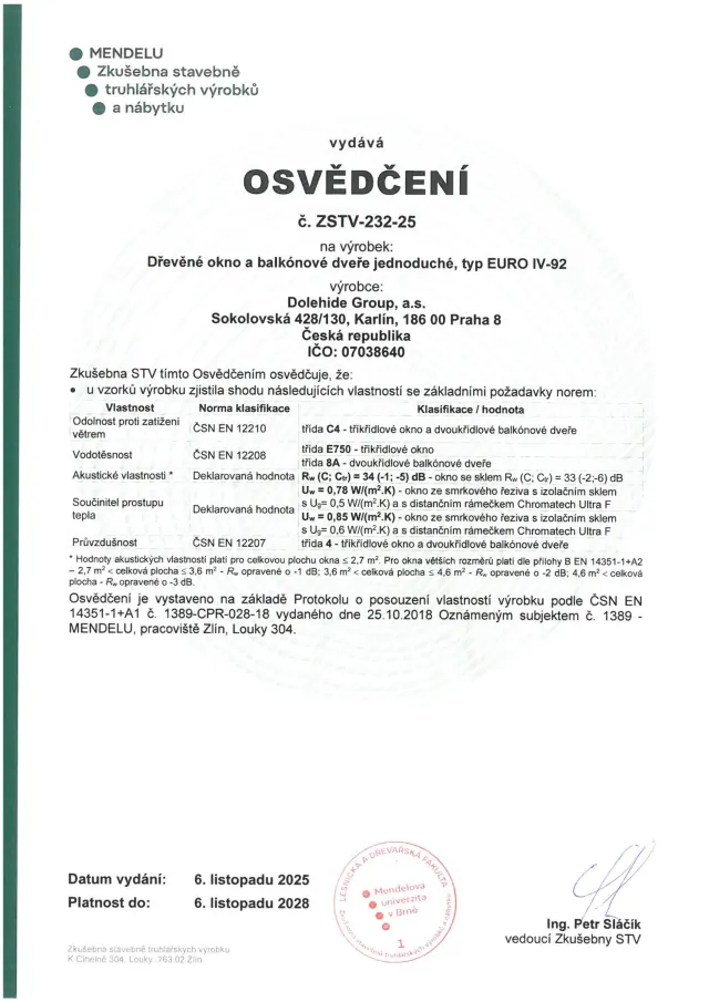Osvědčení na okno EURO IV-92