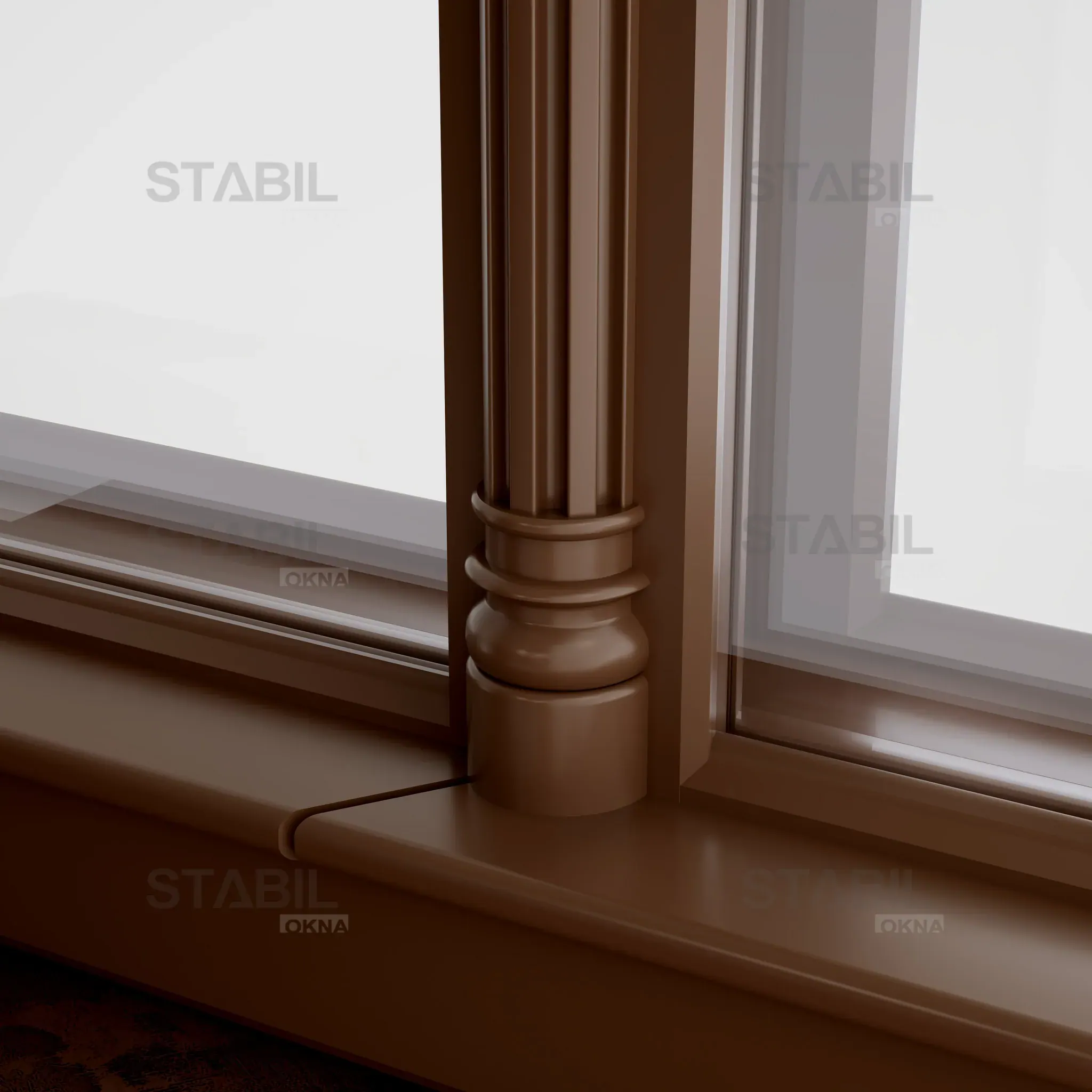 Dolní detail rámu kastlového okna, odstín RAL 8011