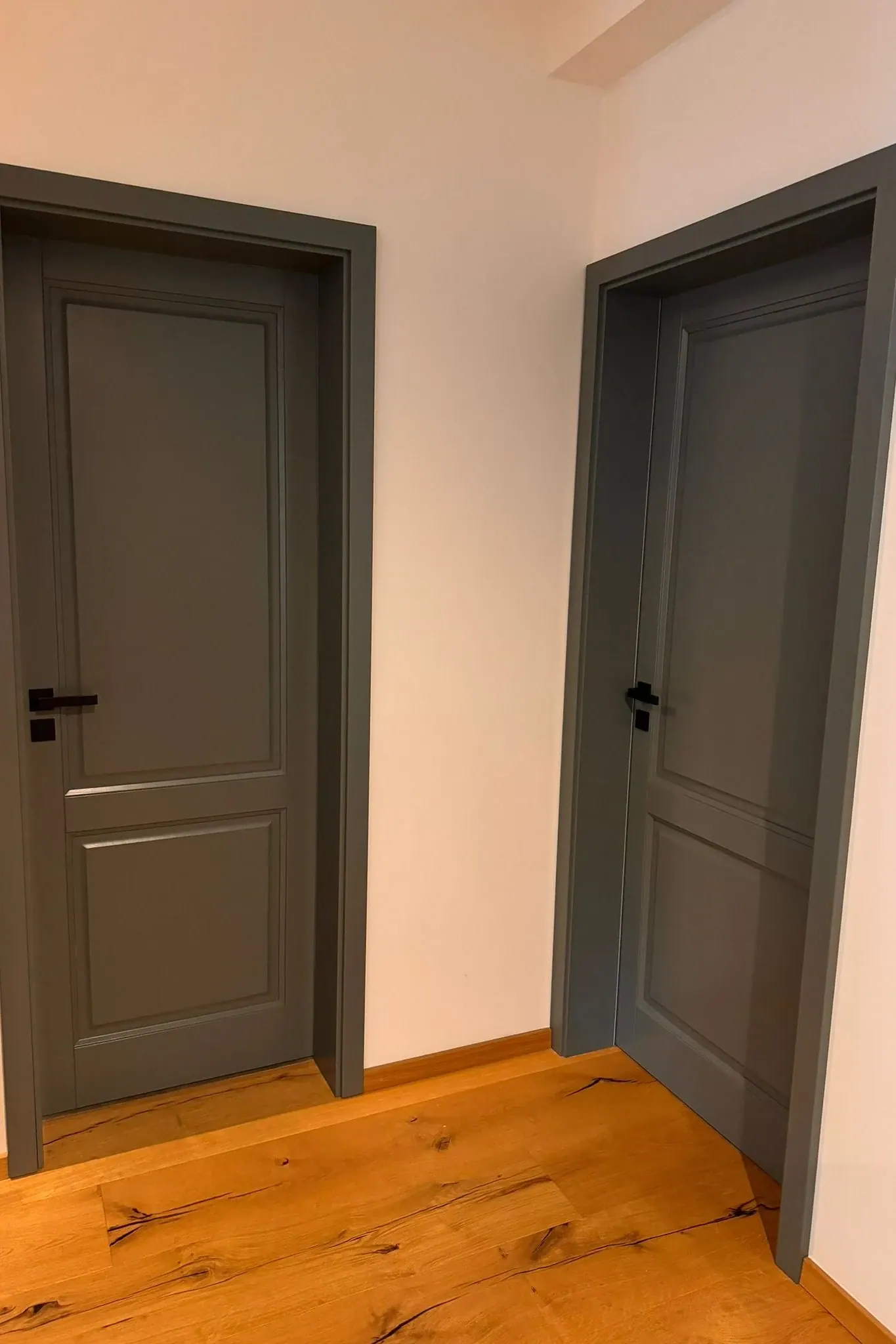 Dvoje šedé dřevěné interiérové dveře v bílém interiéru